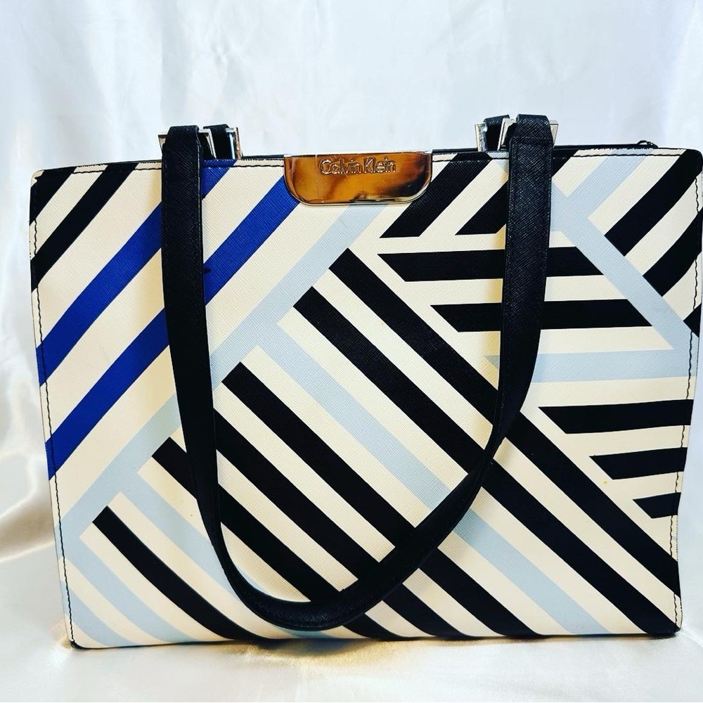 CalvinKlein Blue/White/Black Colorblock Summer Bag Purse striped shoulder silver - Picture 4 of 7